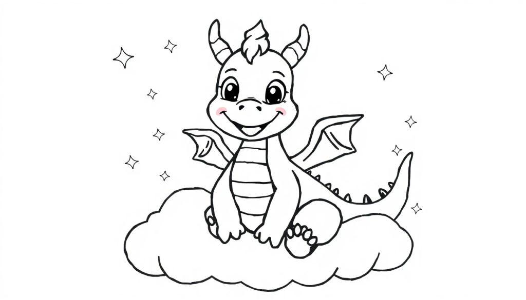 Eine süße Schwarz-Weiß-Farbtafel eines Cartoon-Drachen, der auf einer Wolke sitzt und lächelt, umgeben von Sternen.