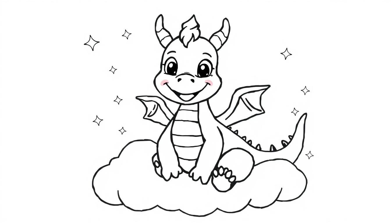 Eine süße Schwarz-Weiß-Farbtafel eines Cartoon-Drachen, der auf einer Wolke sitzt und lächelt, umgeben von Sternen.