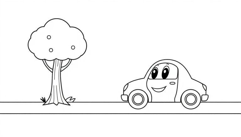 Schwarz-weiße Farbtafel: Ein fröhliches Cartoon-Auto auf einer Straße neben einem Cartoon-Baum.