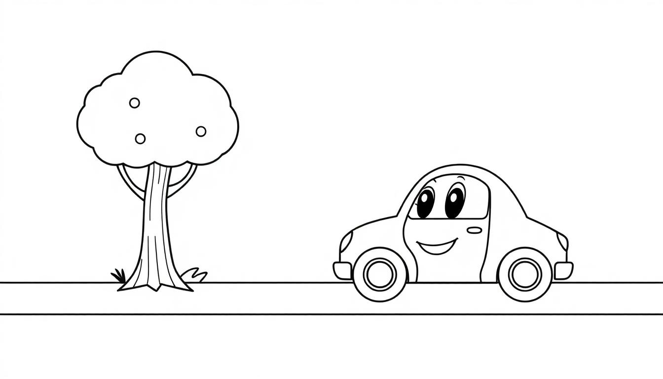 Schwarz-weiße Farbtafel: Ein fröhliches Cartoon-Auto auf einer Straße neben einem Cartoon-Baum.