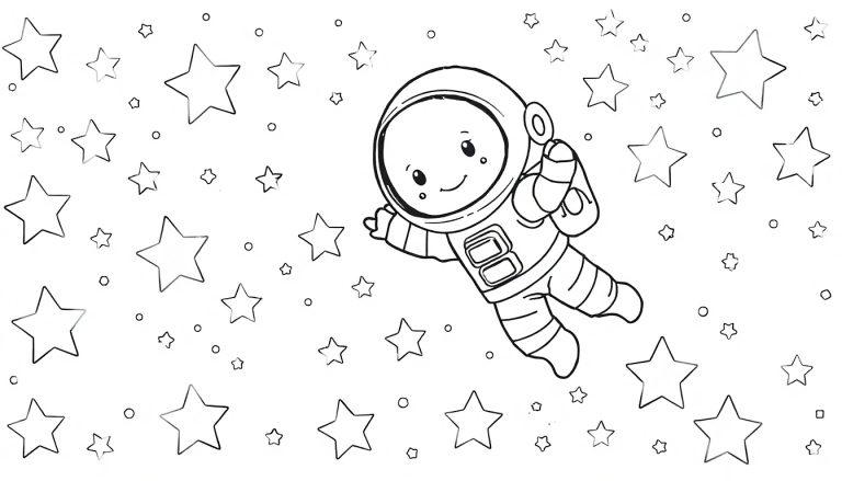 Eine schwarz-weiße Malvorlage mit einem niedlichen Astronauten im Weltall, umgeben von Sternen und kleinen Kreisen.