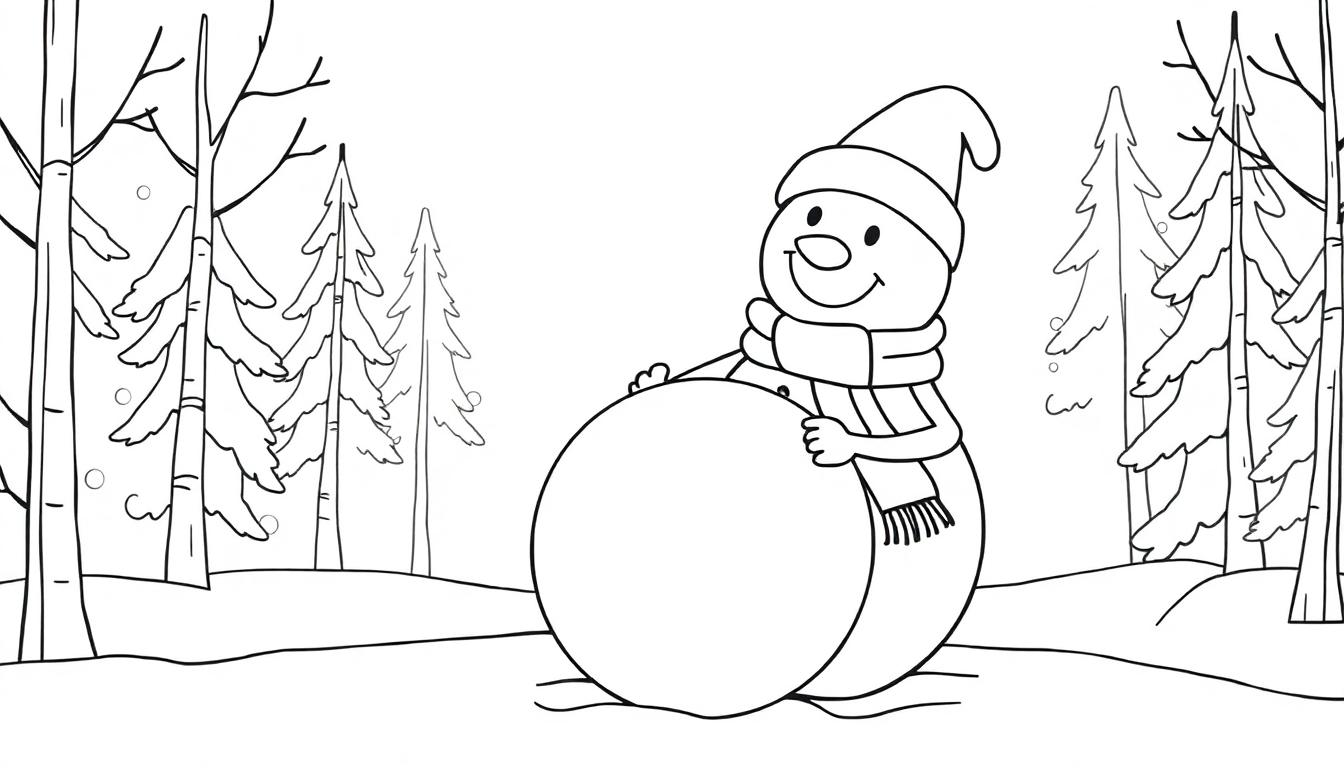 Eine Schwarzweiß-Farbtafel-Zeichnung eines lächelnden Schneemanns mit einer roten Mütze und einem langen Schal im Wald.