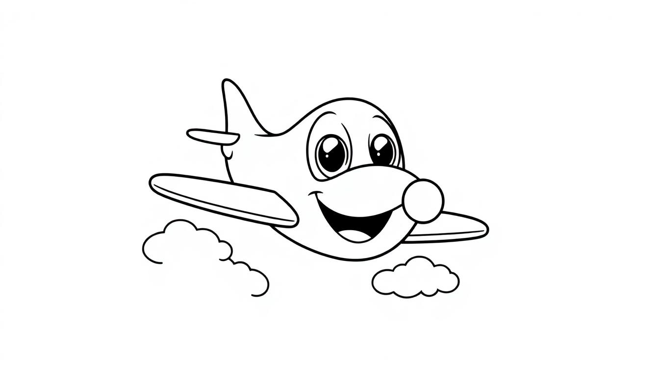 Schwarz-weiße Farbtafel eines fröhlichen Cartoon-Flugzeugs mit einem Propeller und einem freundlichen Gesicht, das vor einem weißen Hintergrund mit Wolken fliegt.
