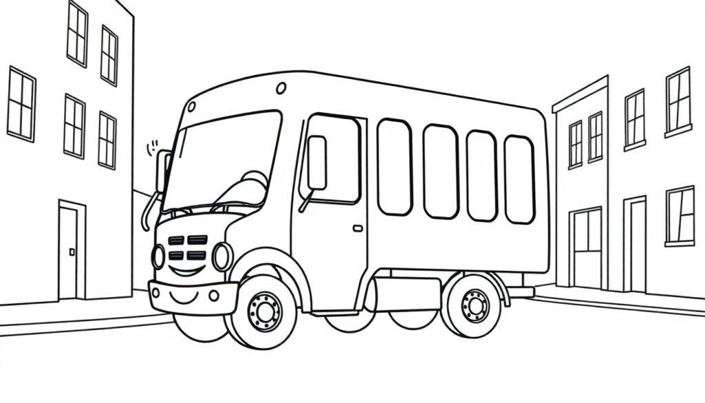 Schwarz-weiße Farbtafel eines fröhlichen Schulbusses.