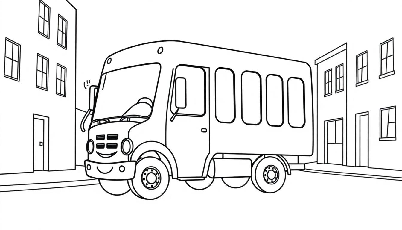 Schwarz-weiße Farbtafel eines fröhlichen Schulbusses.