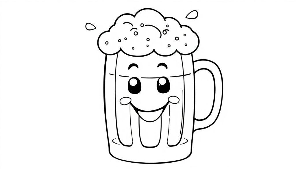 Eine fröhliche schwarz-weiße Farbtafel-Zeichnung einer Bierkruse mit einem lustigen Cartoon-Gesicht und viel Schaum.