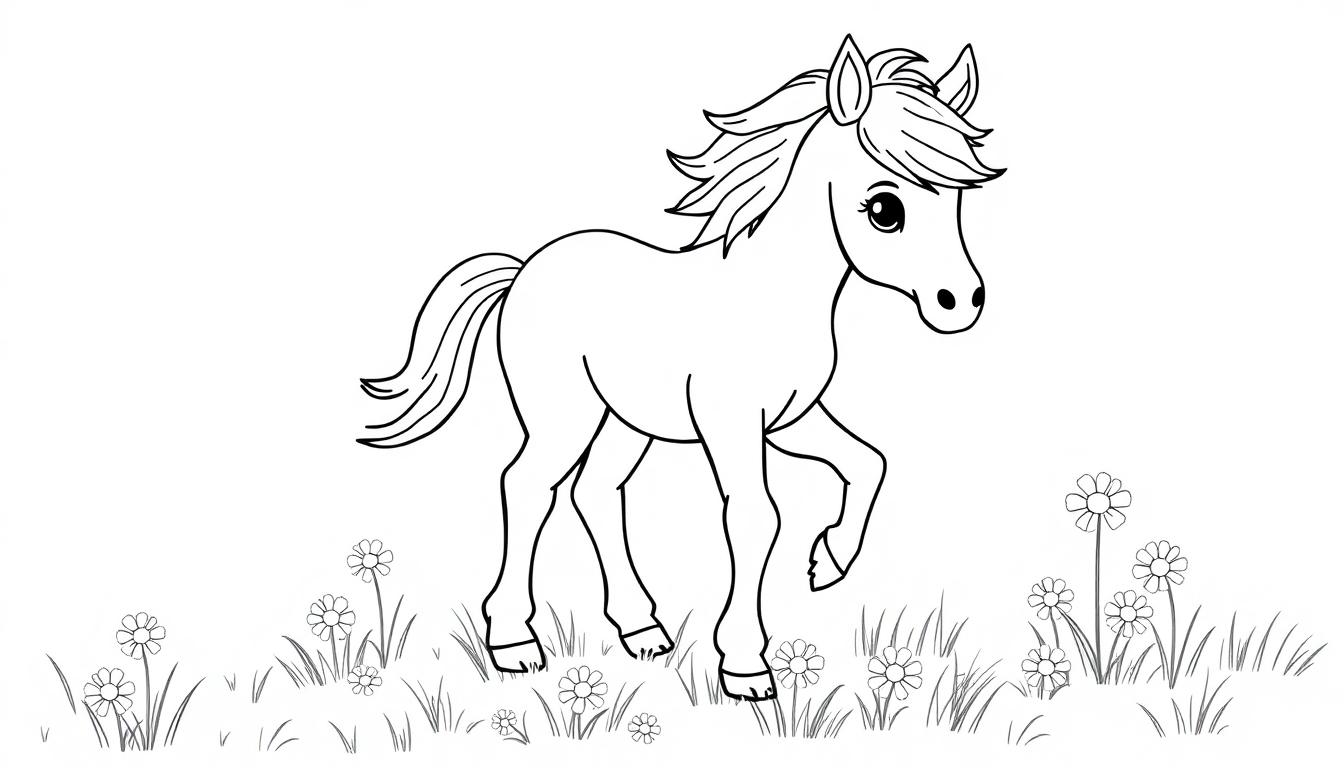 Eine niedliche Cartoon-Farbtafel eines Ponys mit einer dicken, wehenden Mähne, das auf einem Feld mit Gänseblümchen und Gräsern steht.