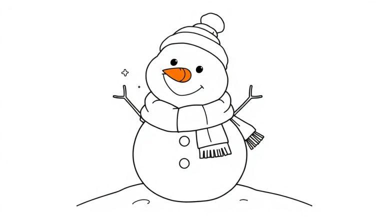 Schwarz-Weiß-Farbtafel-Illustration eines lächelnden Schneemanns mit Karottennase und Astarmen.
