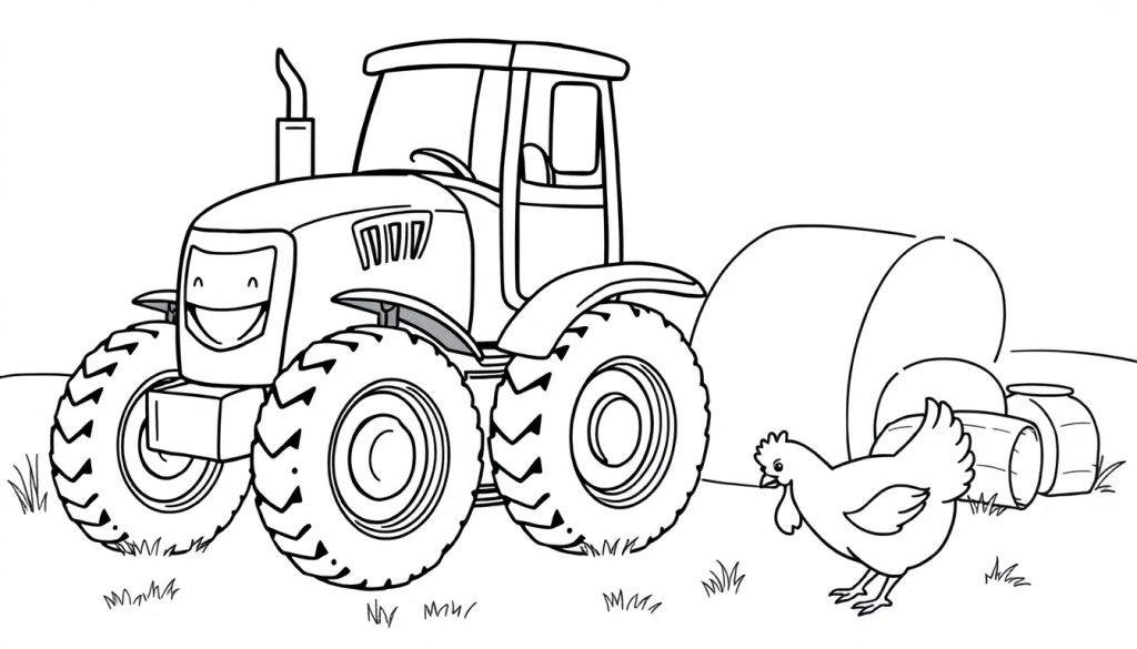 Schwarz-Weiß-Farbtafel eines Traktors auf einem Feld mit einem Heuballen und einem Huhn daneben.