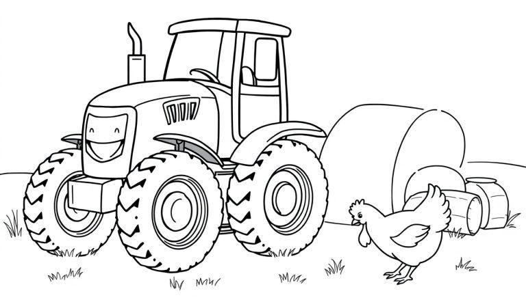 Schwarz-Weiß-Farbtafel eines Traktors auf einem Feld mit einem Heuballen und einem Huhn daneben.