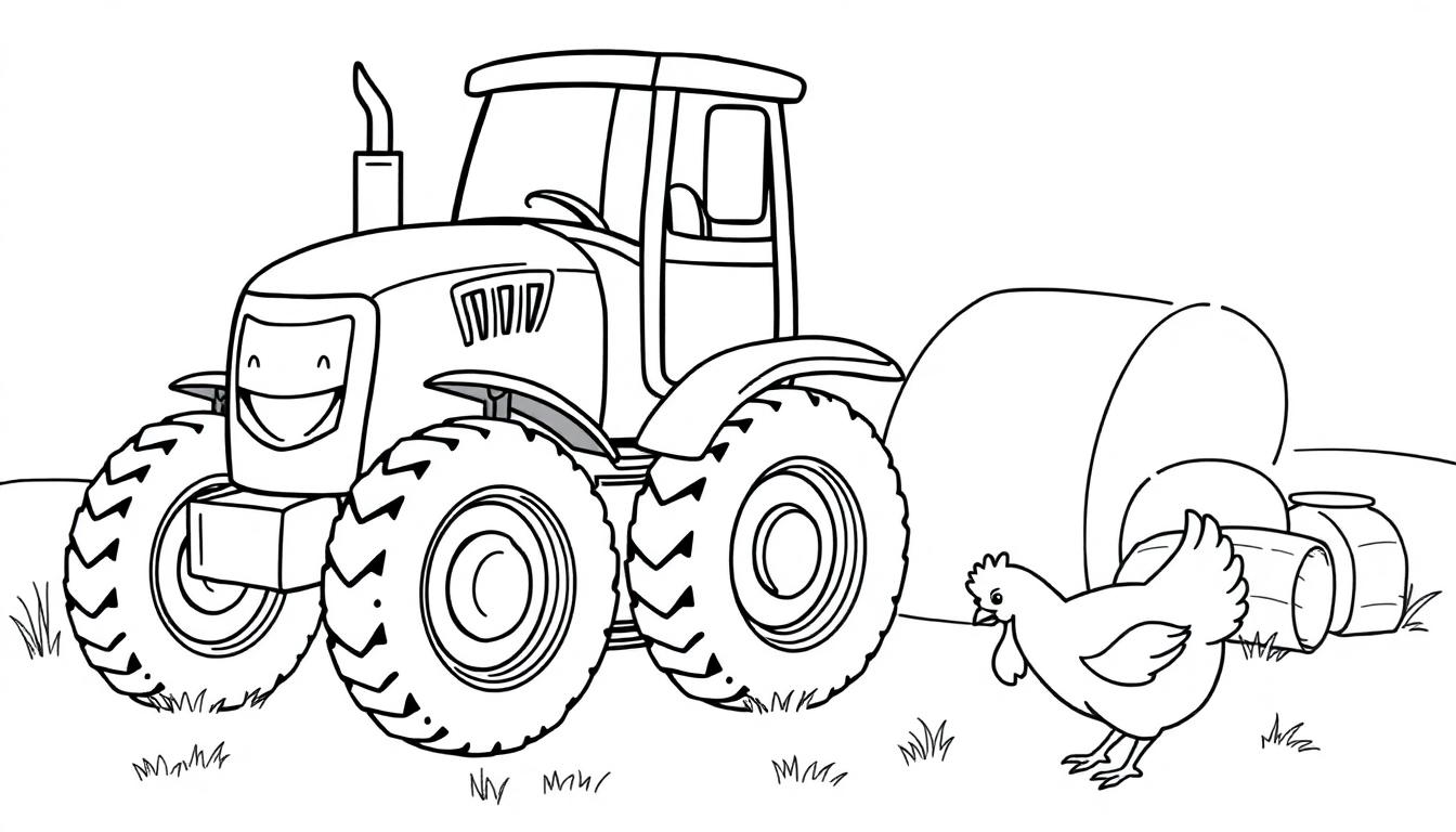 Schwarz-Weiß-Farbtafel eines Traktors auf einem Feld mit einem Heuballen und einem Huhn daneben.