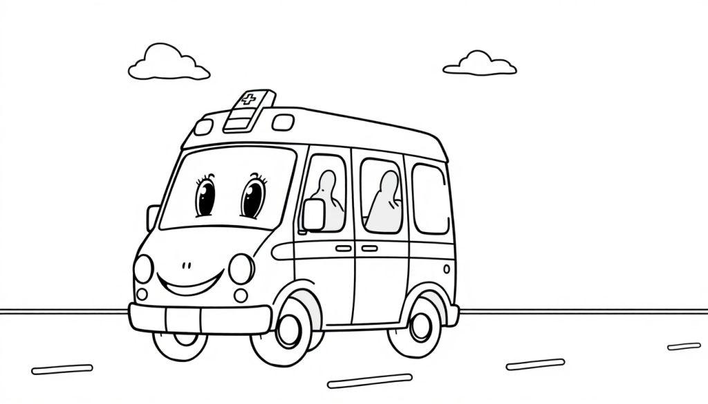 Eine freundliche Cartoon-Ambulanz mit großen Augen und einem Lächeln fährt auf einer Straße. Es ist eine Schwarz-Weiß-Linienzeichnung für eine Farbtafel.