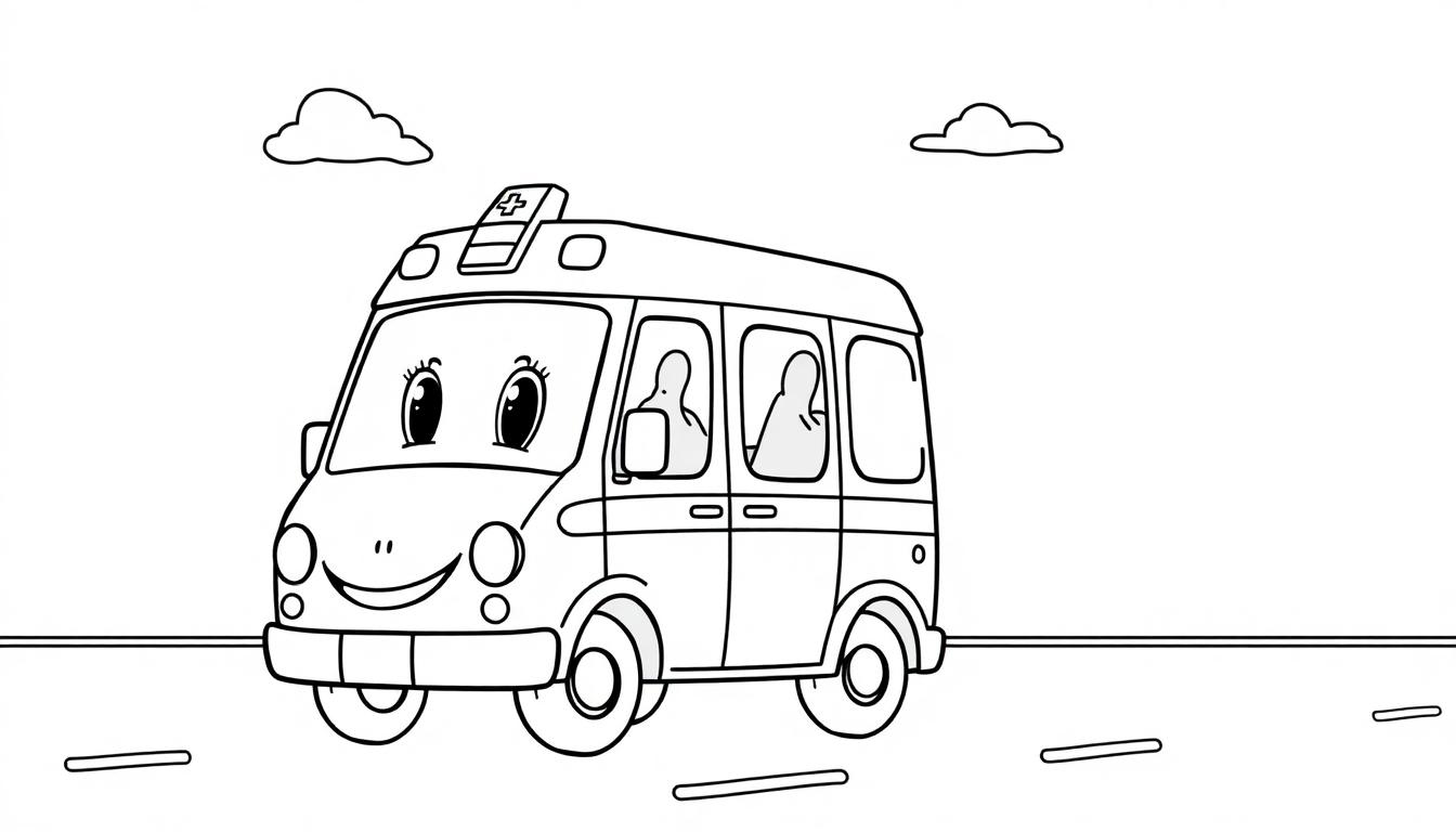 Eine freundliche Cartoon-Ambulanz mit großen Augen und einem Lächeln fährt auf einer Straße. Es ist eine Schwarz-Weiß-Linienzeichnung für eine Farbtafel.