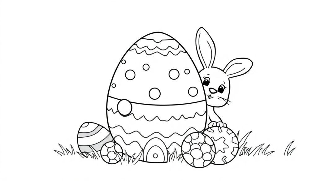 Schwarz-Weiß-Farbtafel mit einem Osterhasen, der hinter einem verzierten Osterei hervorlugt, umgeben von kleineren Eiern und Gras.