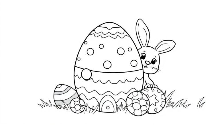 Schwarz-Weiß-Farbtafel mit einem Osterhasen, der hinter einem verzierten Osterei hervorlugt, umgeben von kleineren Eiern und Gras.