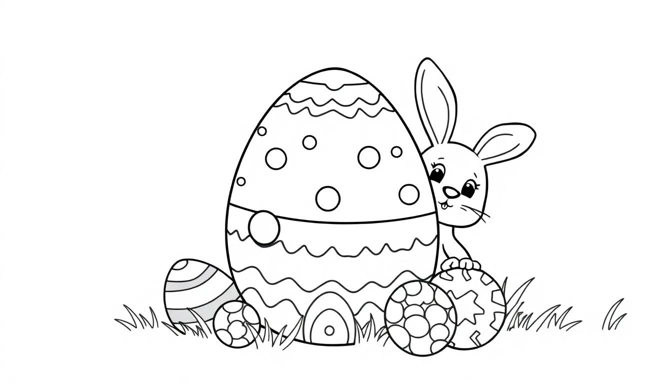 Schwarz-Weiß-Farbtafel mit einem Osterhasen, der hinter einem verzierten Osterei hervorlugt, umgeben von kleineren Eiern und Gras.