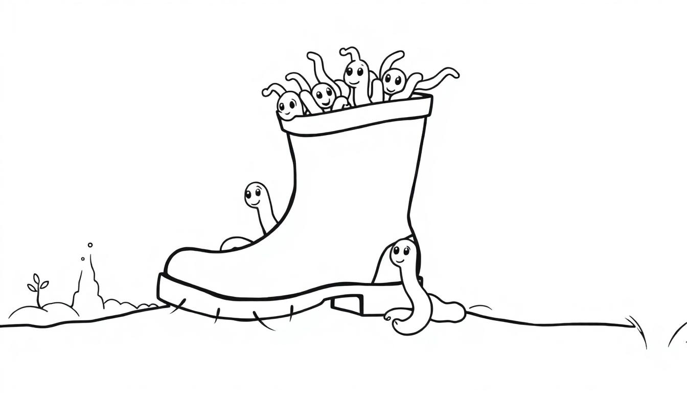 Ein fröhlicher Cartoon-Gummistiefel, gefüllt mit lächelnden Regenwürmern, mit einem Wurm, der daran hochklettert, und einem kleinen Pflanzentrieb im Hintergrund. Dies ist eine Farbtafel.