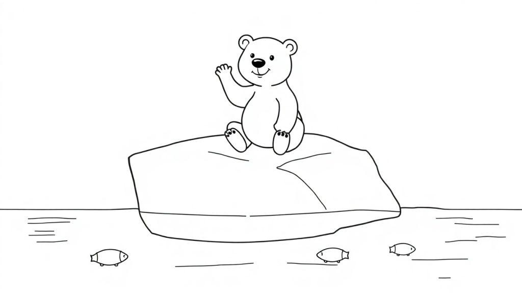 Schwarz-Weiß-Farbtafel eines lächelnden Eisbären, der auf einem Eisberg winkt, mit drei Fischen darunter.
