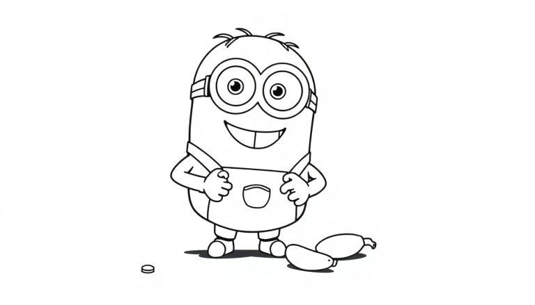 Schwarz-weiße Farbtafel-Zeichnung eines niedlichen Minions, der Bananen sammelt.