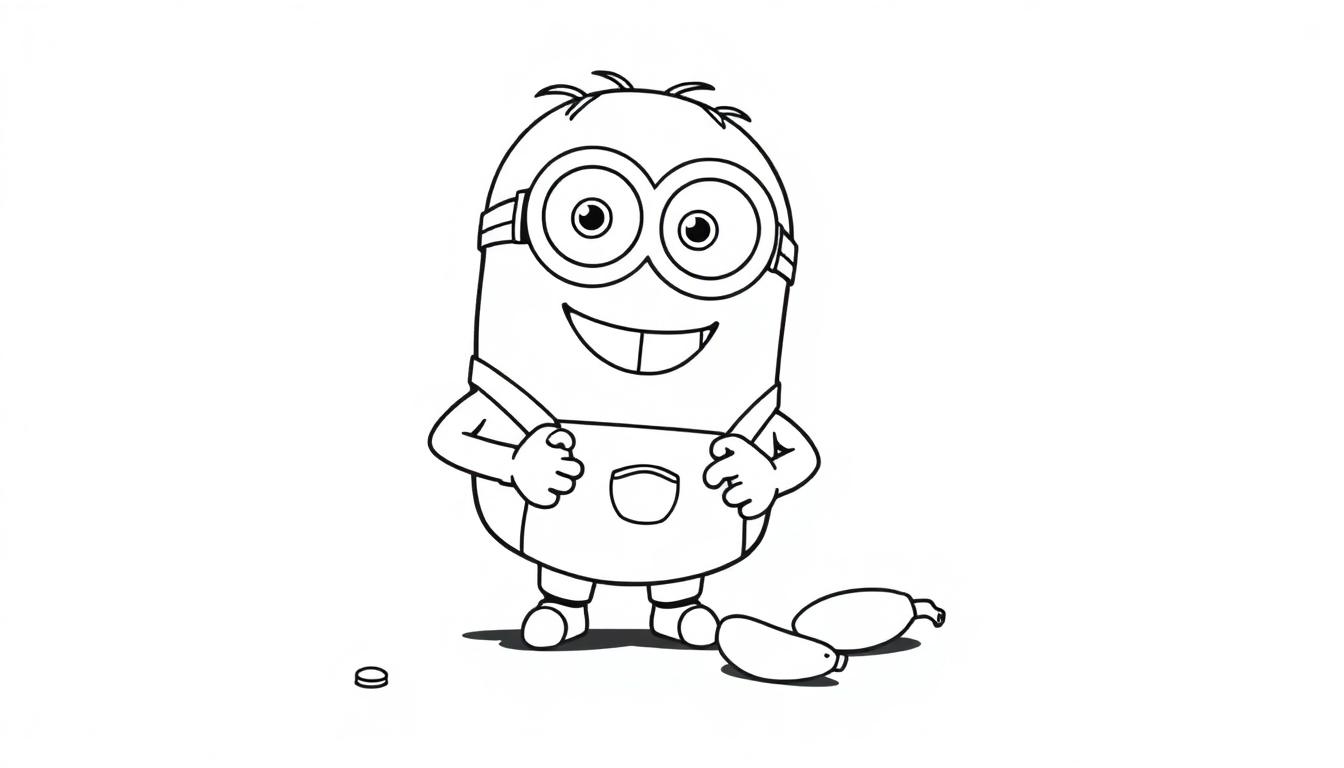 Schwarz-weiße Farbtafel-Zeichnung eines niedlichen Minions, der Bananen sammelt.