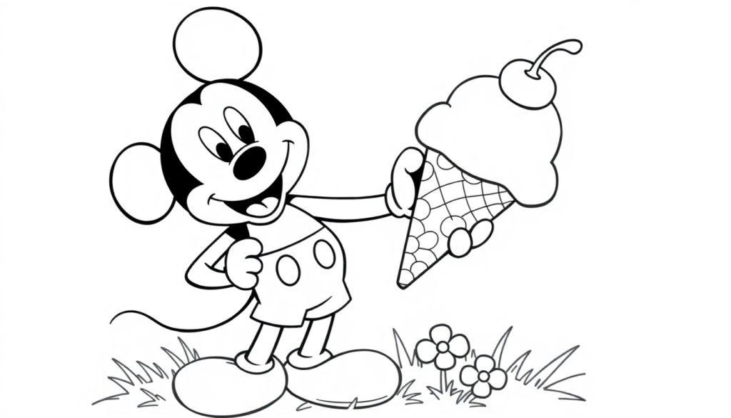 Schwarz-Weiß-Farbtafel von Mickey Mouse mit einem Eis.