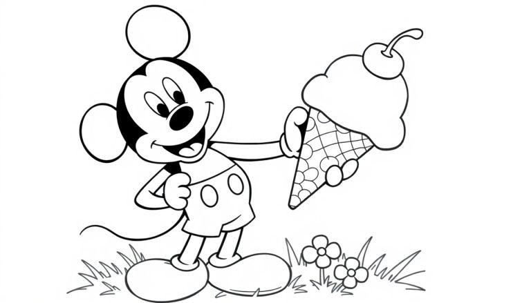 Schwarz-Weiß-Farbtafel von Mickey Mouse mit einem Eis.