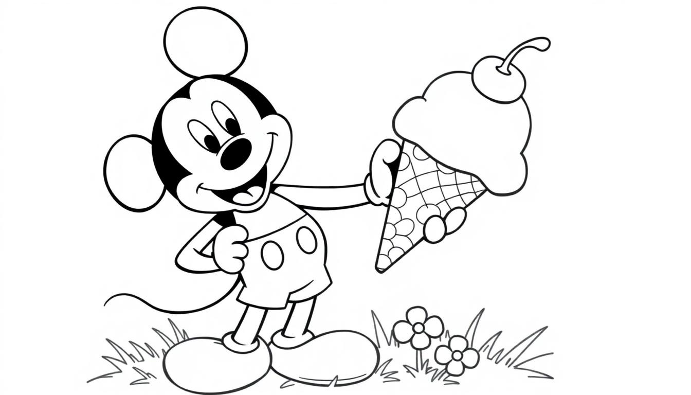 Schwarz-Weiß-Farbtafel von Mickey Mouse mit einem Eis.