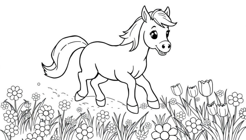 Schwarz-weiß Farbtafel eines niedlichen Zeichentrickponys, das über eine Blumenwiese galoppiert.