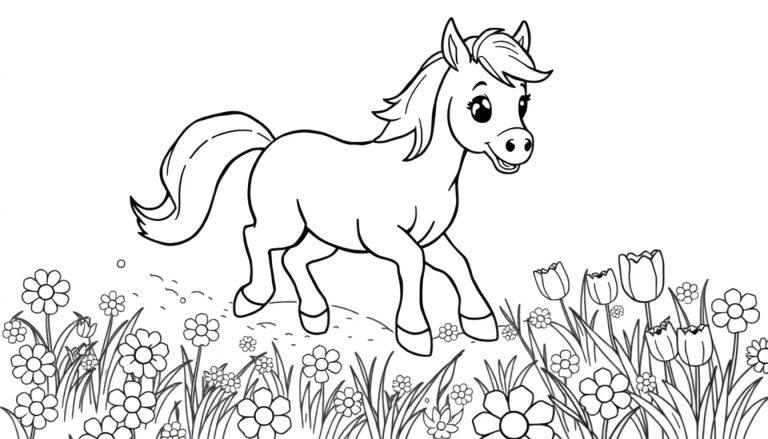 Schwarz-weiß Farbtafel eines niedlichen Zeichentrickponys, das über eine Blumenwiese galoppiert.
