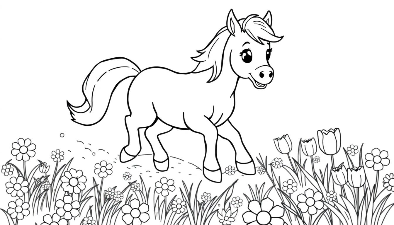 Schwarz-weiß Farbtafel eines niedlichen Zeichentrickponys, das über eine Blumenwiese galoppiert.