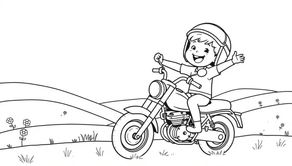 Ein Kind fährt ein Motorrad in einer Landschaft, eine Schwarz-Weiß-Farbtafel zum Ausmalen.