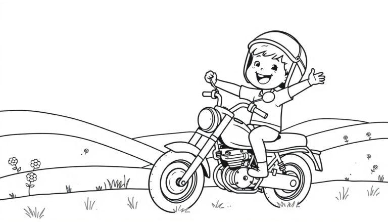 Ein Kind fährt ein Motorrad in einer Landschaft, eine Schwarz-Weiß-Farbtafel zum Ausmalen.