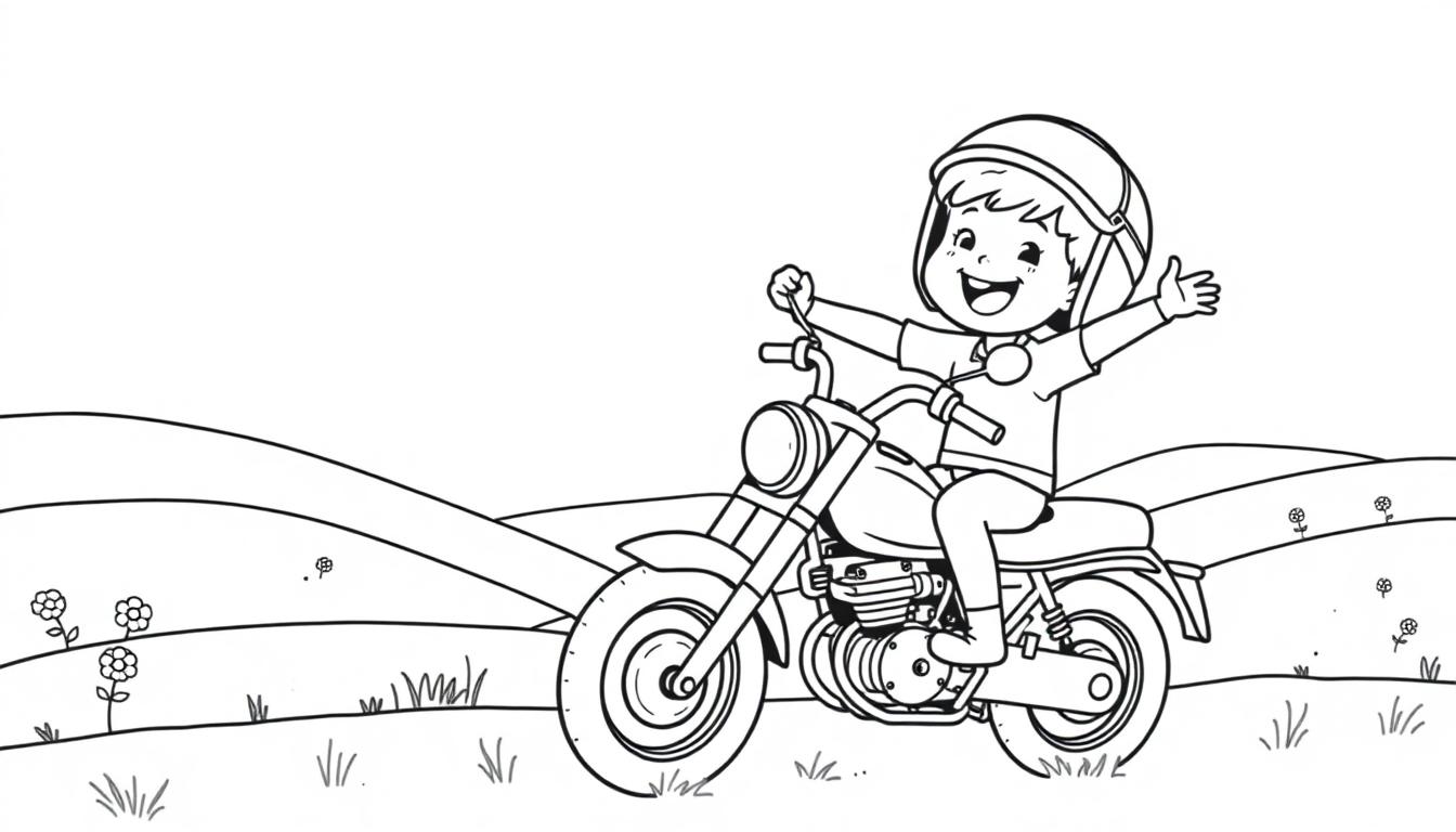 Ein Kind fährt ein Motorrad in einer Landschaft, eine Schwarz-Weiß-Farbtafel zum Ausmalen.
