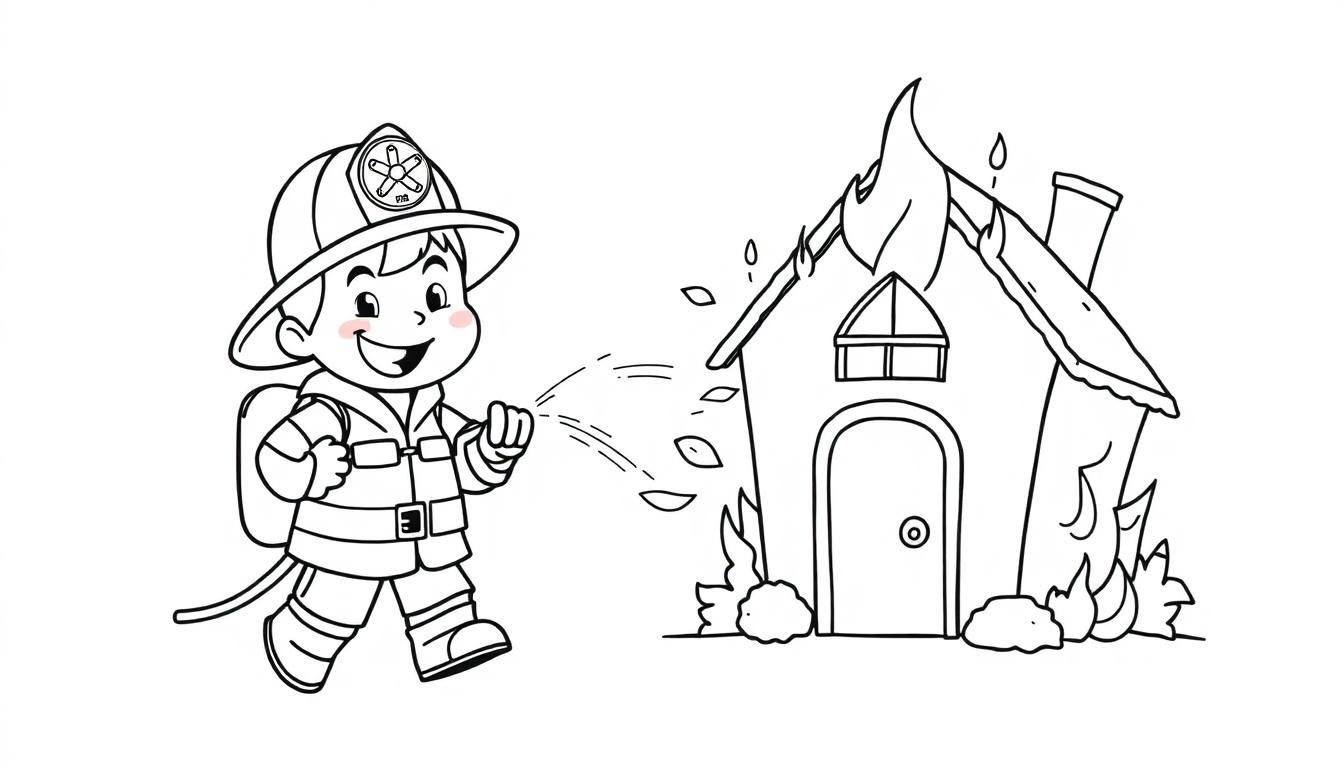 Schwarz-weiße Farbtafel eines lächelnden Feuerwehrmanns, der einen Schlauch hält und ein brennendes Haus löscht.