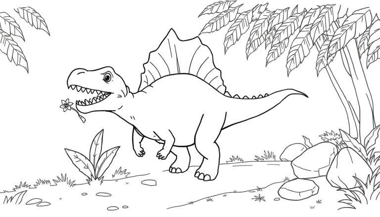 Eine freundliche Schwarz-Weiß-Farbtafel eines Spinosaurus mit einem Kamm, der eine Blume hält, in einem Dschungel.