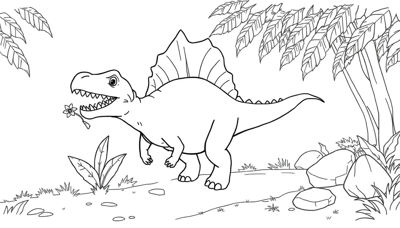 Eine freundliche Schwarz-Weiß-Farbtafel eines Spinosaurus mit einem Kamm, der eine Blume hält, in einem Dschungel.