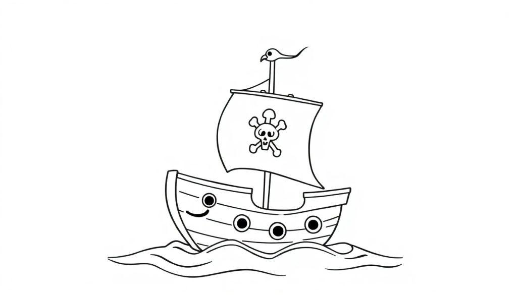 Eine Schwarz-Weiß-Farbtafel eines Cartoon-Piratenschiffs mit einem Totenkopf-Segel.