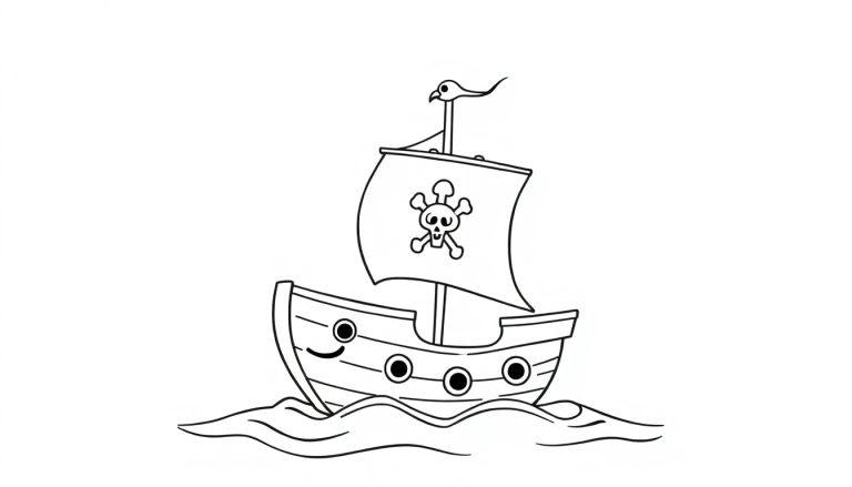 Eine Schwarz-Weiß-Farbtafel eines Cartoon-Piratenschiffs mit einem Totenkopf-Segel.