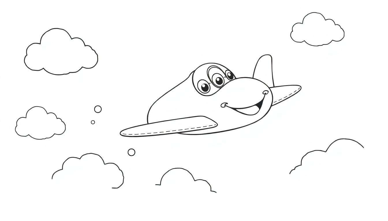 Eine fröhliche Flugzeug-Farbtafel fliegt durch den Himmel.