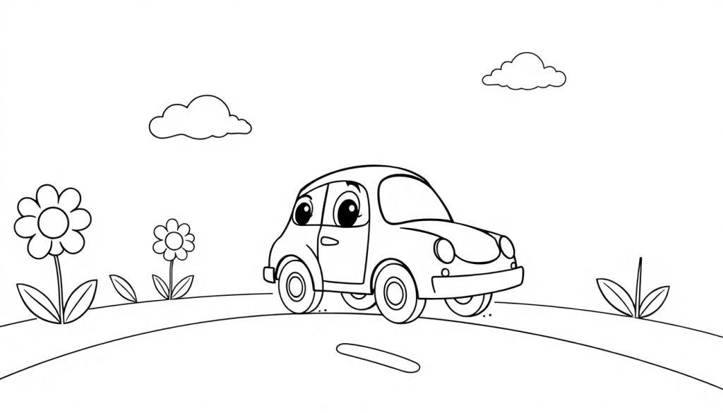 Niedliches schwarz-weiß Cartoon-Auto mit großen Augen auf einer Straße in einer Landschaft mit Pflanzen, Blumen und zwei Wolken am Himmel – eine Farbtafel zum Ausmalen.