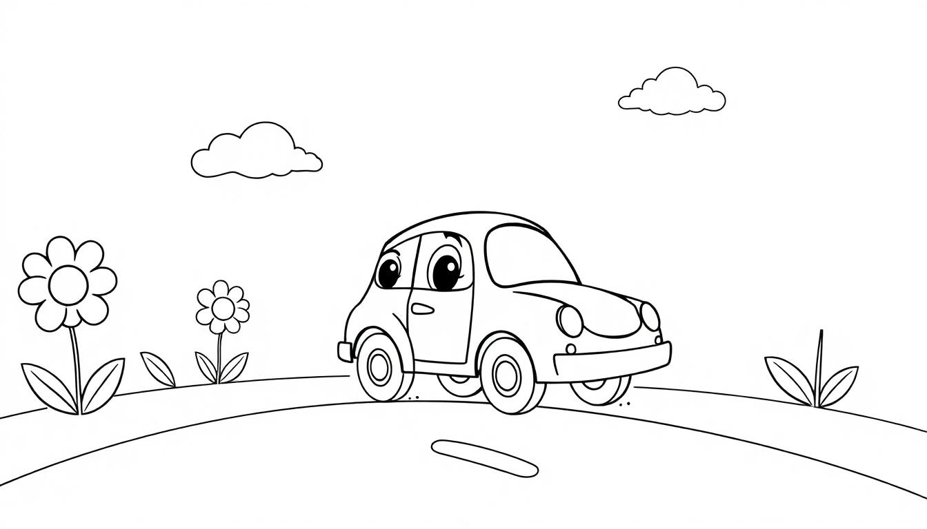 Niedliches schwarz-weiß Cartoon-Auto mit großen Augen auf einer Straße in einer Landschaft mit Pflanzen, Blumen und zwei Wolken am Himmel – eine Farbtafel zum Ausmalen.
