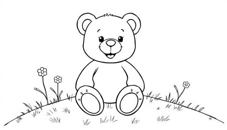 Schwarz-weiße Farbtafel-Zeichnung eines freundlichen Teddybären, der auf einem Grasfleck mit Blumen sitzt.