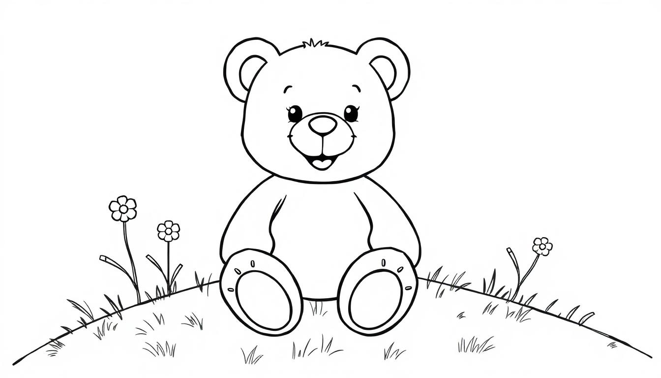 Schwarz-weiße Farbtafel-Zeichnung eines freundlichen Teddybären, der auf einem Grasfleck mit Blumen sitzt.