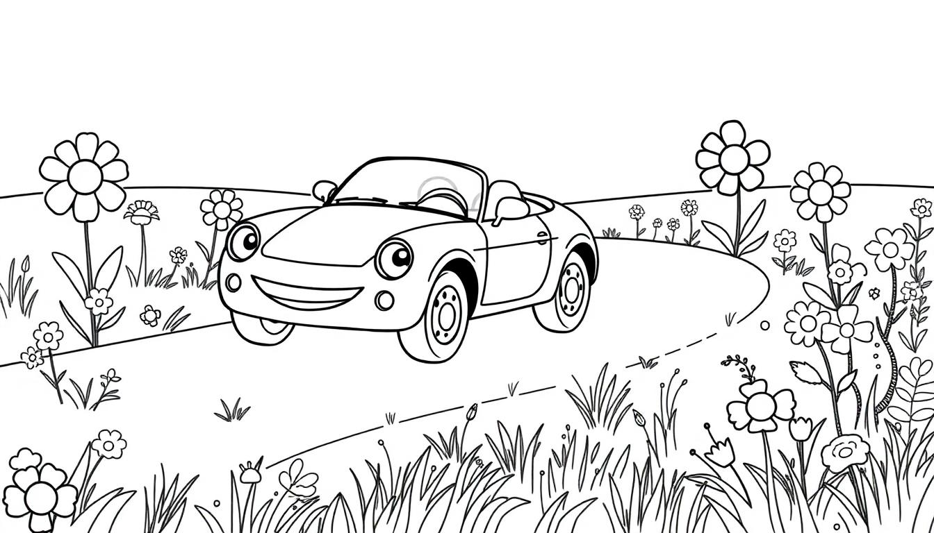 Eine Schwarz-Weiß-Farbtafel eines fröhlichen Cartoon-Autos auf einer Blumenwiese.