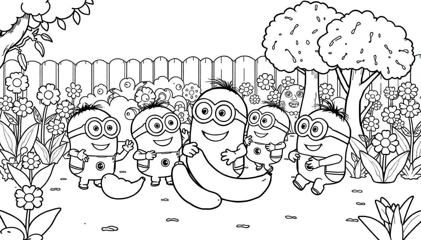 Farbtafel: Minions mit Bananen in einem Garten