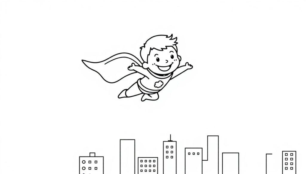 Farbtafel: Ein kleiner, lächelnder Superheldenjunge fliegt mit einem Wolkenkostüm über einer Stadt.