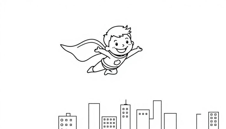 Farbtafel: Ein kleiner, lächelnder Superheldenjunge fliegt mit einem Wolkenkostüm über einer Stadt.