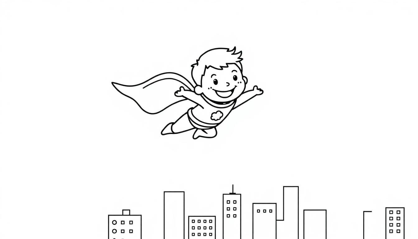 Farbtafel: Ein kleiner, lächelnder Superheldenjunge fliegt mit einem Wolkenkostüm über einer Stadt.