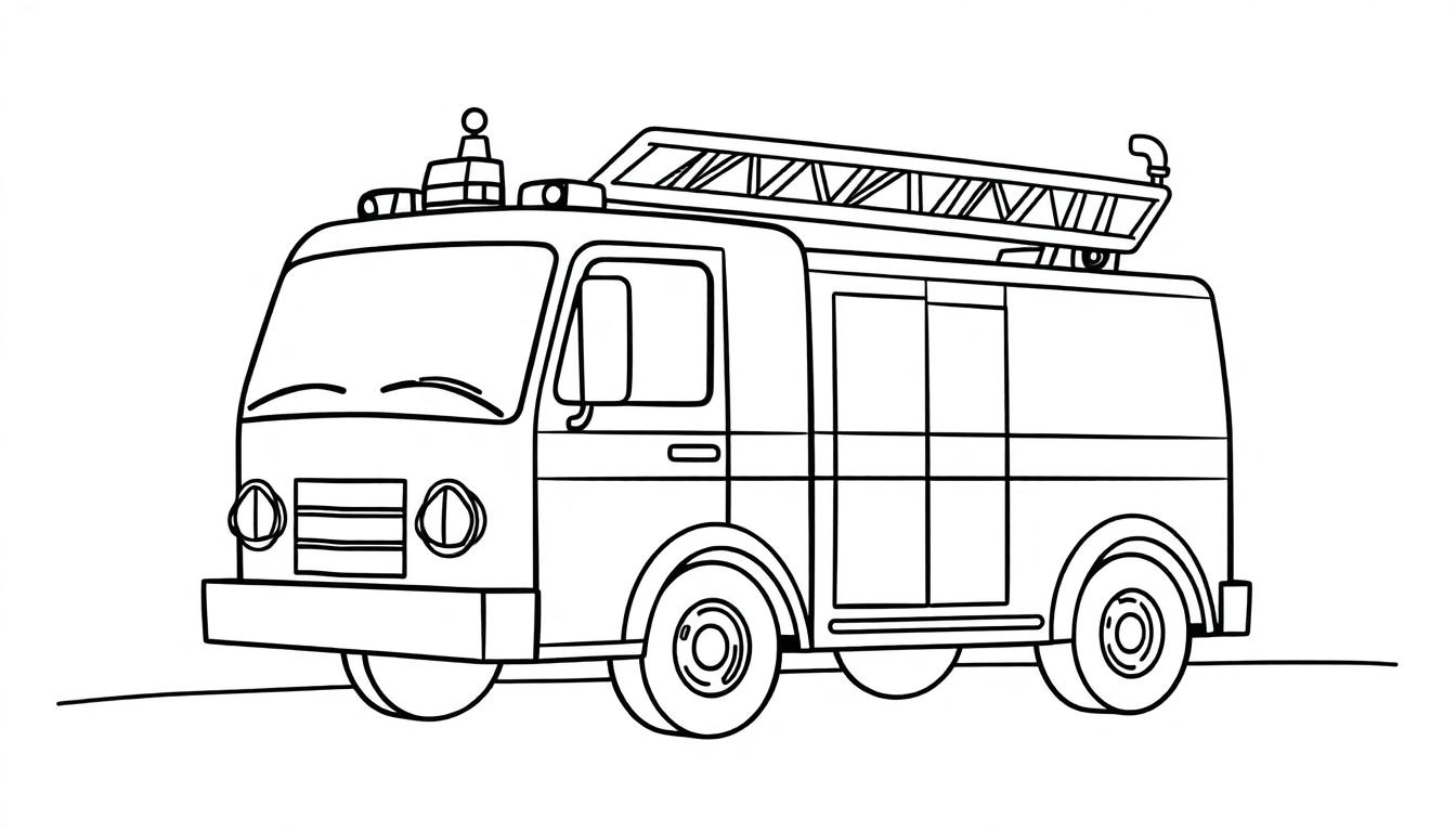 Eine Schwarz-weiß Farbtafel eines Feuerwehrautos zum Ausmalen mit einer Leiter.