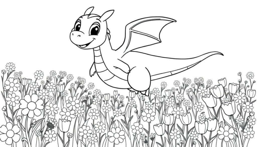 Schwarz-weiße Farbtafel eines niedlichen Cartoon-Drachen, der über einer Blumenwiese schwebt.